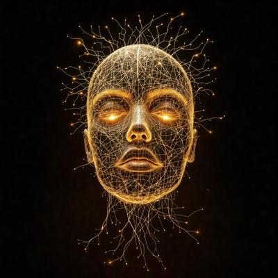 The primary subject of the image is a close-up of a face, specifically a human head. The face is illuminated by a series of yellow lights, giving it a glowing appearance. The setting is a dark background, which contrasts with the brightly lit face. The visual style of the image is a combination of digital art and illustration, creating a unique and captivating representation of the human head. The colors and mood of the image are predominantly yellow, which adds a warm and inviting atmosphere to